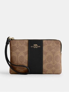 Coach Brown Signature Wristlet with Black Center Stripe
